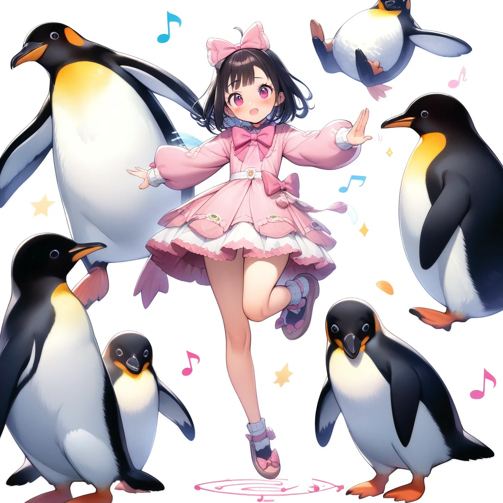 1pengiun, absurdres, official art, absurdres, animal, animal focus, bird, blush, bow, eighth note, fish, full body, looking at viewer, motion lines, musical note, penguin, pink bow, simple background, solo, standing, standing on one leg, white background, x x, ((very aesthetic, best quality, ultra detailed))