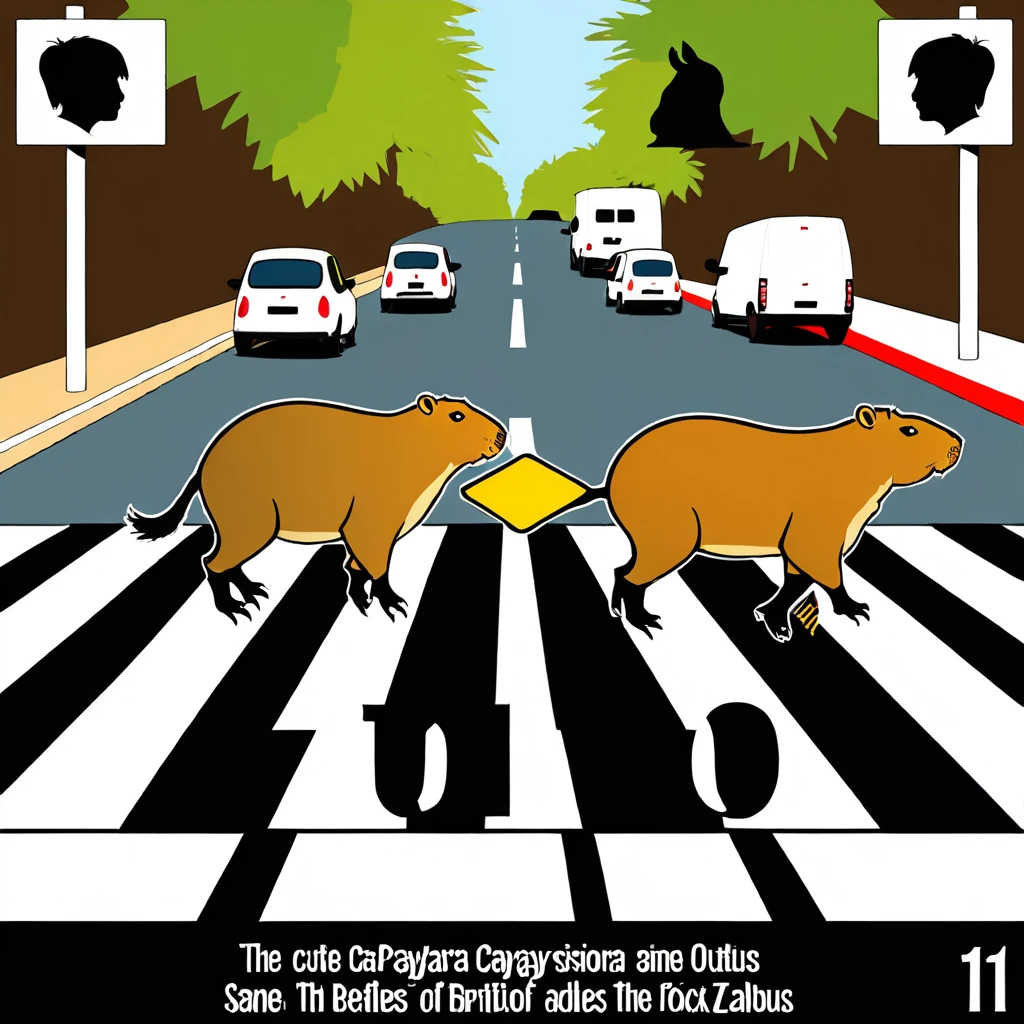Four cute capybara, Beatles impersonation, same hairstyles and outfits, walking right on Abbey Road zebra crossing, Abbey Road is the 11th album of the British rock band The Beatles.