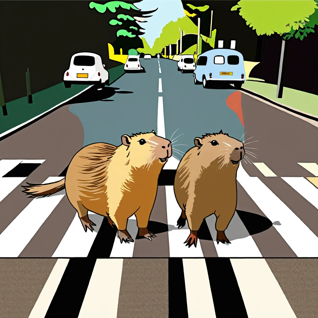 Four cute capybara, Beatles impersonation, same hairstyles and outfits, walking right on Abbey Road zebra crossing, Abbey Road is the 11th album of the British rock band The Beatles.