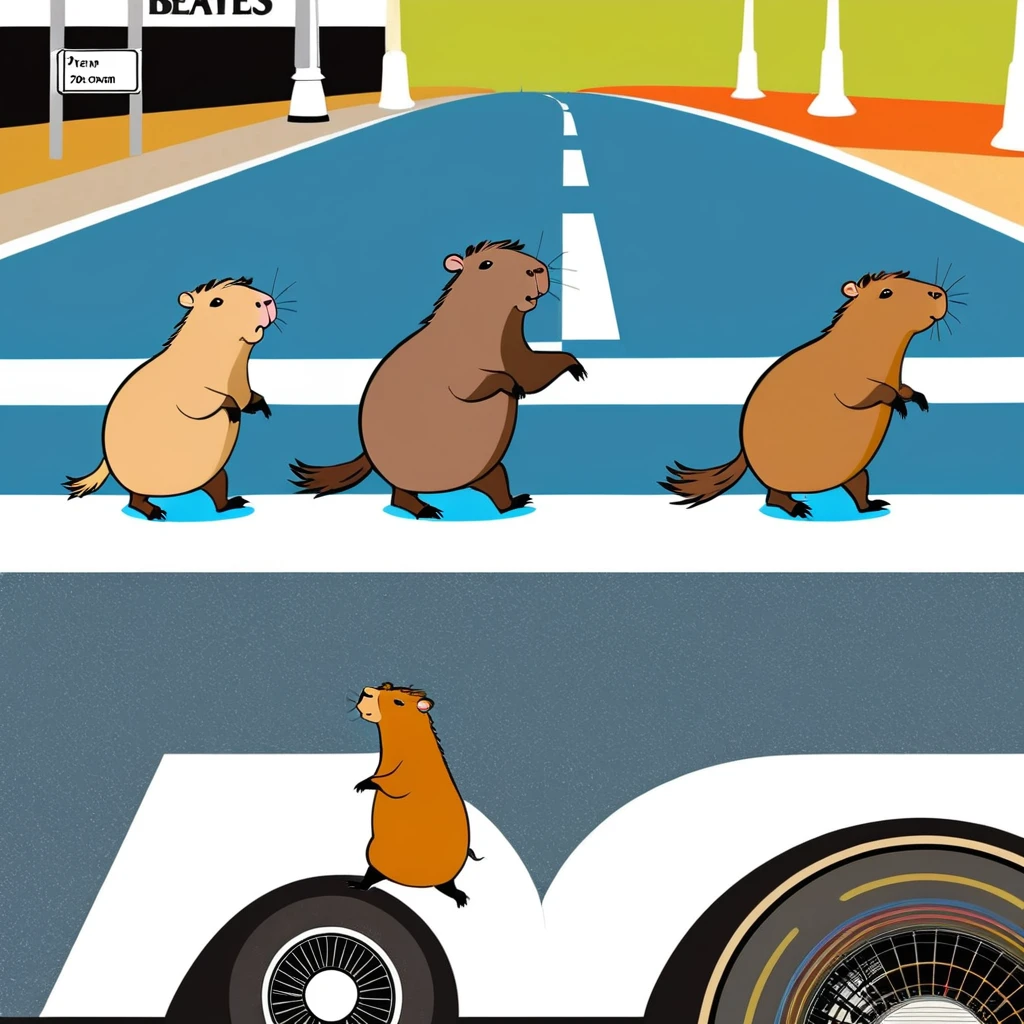 Four cute capybara, Beatles impersonation, same hairstyles and outfits, walking right on Abbey Road zebra crossing, Abbey Road is the 11th album of the British rock band The Beatles. 