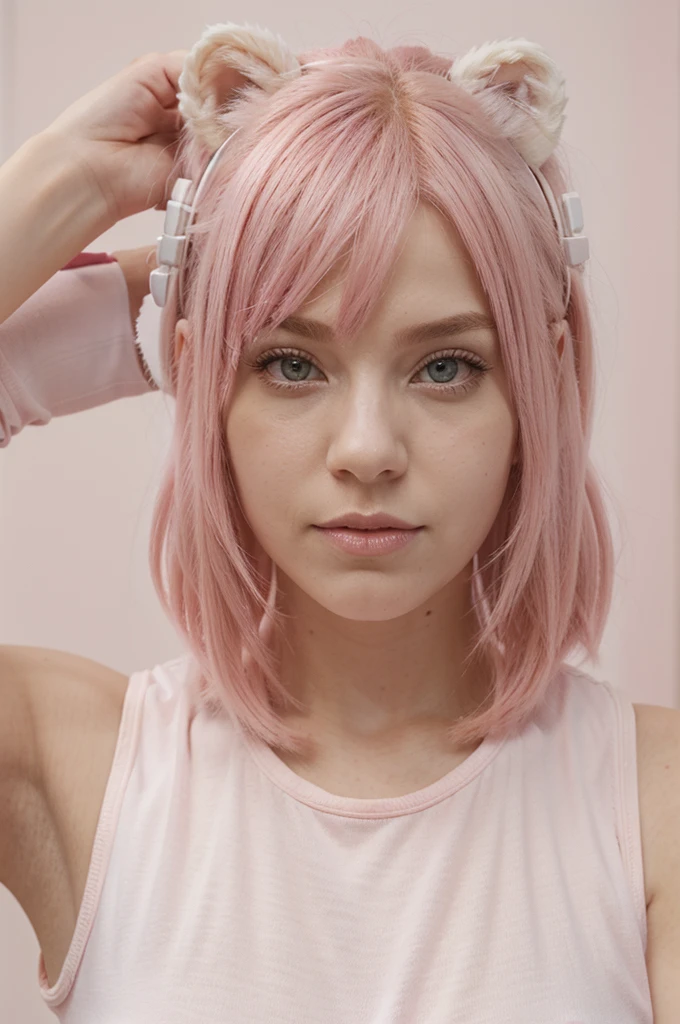 pink hair, pink eyes, pink clothing, white bear clip hair