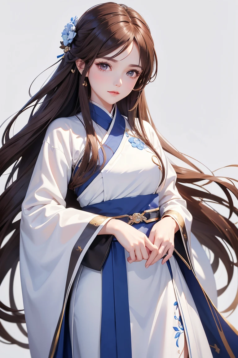 Masterpiece, Best quality, 1 Female, Mature Woman, Elder Sister, young girl, Royal Sister, brown eyes, long hair, smoky mix brown color hair, resolute eyes, white mix blue hanfu, long white eardrop, Chinese mix morden, frontal photo, blank background, remove background, anime, illustration