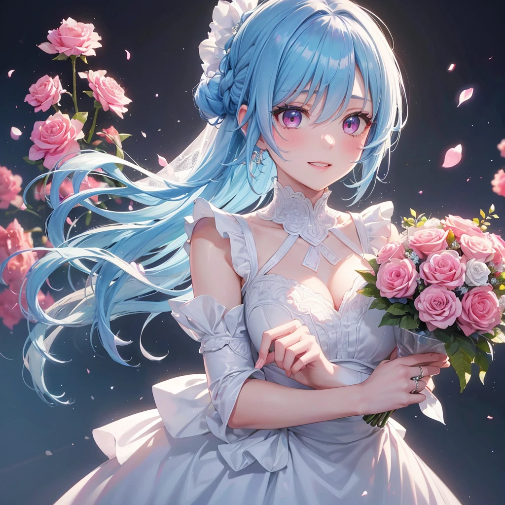 Sky blue hair, (Braided Ponytail),(Pink Eyes),Fair skin ,(whole body),(One girl),bride,A big smile,Straight bangs, 6月のbride,Wedding dress,(masterpiece, Highest quality, Very detailed, Best Shadow), (Detailed Background), (Beautifully detailed face), High Contrast, (Best lighting, Very delicate and beautiful), ((Cinematic Light)), colorful, Hyper Detail, Dramatic Light, Intricate details,Chapel background,Bouquet of roses,Ring on left ring finger,