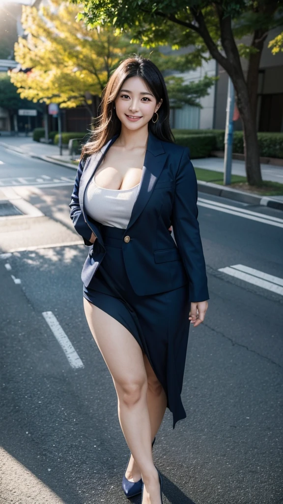 ((最high quality, 8K, masterpiece: 1.3)), (close:0.75), Realistic, Sharp focus, high quality, High resolution, Portraiture, Portraiture, 1. Japanese,Huge Busty Woman、26 years old、career woman、Chubby body type、Her breasts are extremely large (Wearing a navy suit), ((Very strong sunlight)), smile, Long black hair,会社のオフィスで椅子に座り足を組むsmileで微笑む、Full body shot image、