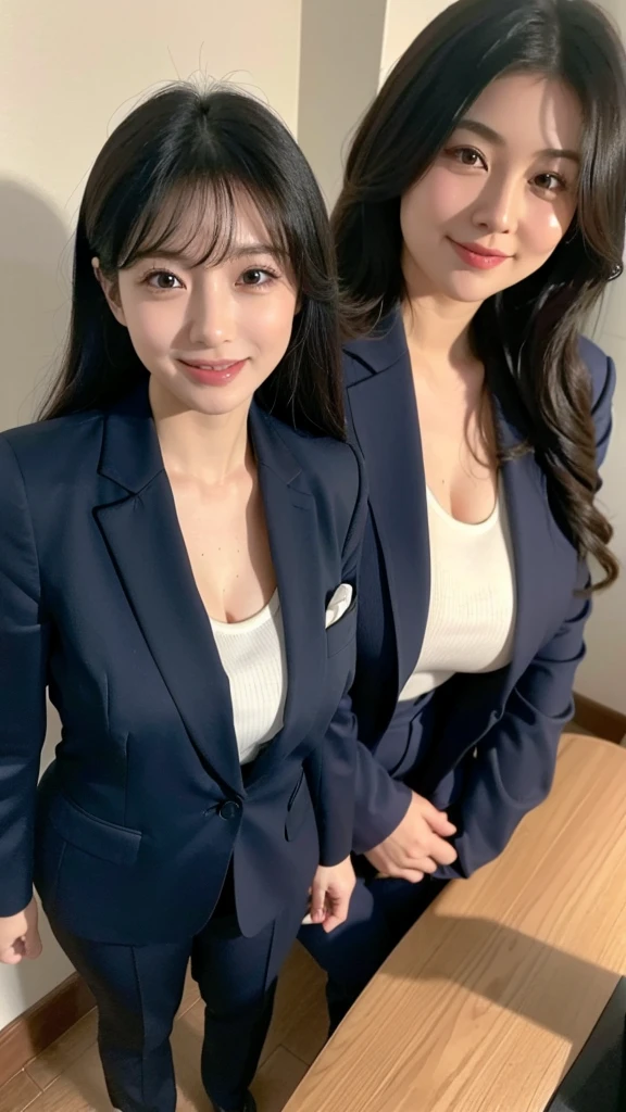 ((最high quality, 8K, masterpiece: 1.3)), (close:0.75), Realistic, Sharp focus, high quality, High resolution, Portraiture, Portraiture, 1. Japanese,Huge  Woman、26 years old、career woman、Chubby body type、Her breasextremely large （Wearing a navy suit), ((Very strong sunlight)), smile, Long black hair,会社のオフィスで椅子に座り足を組むsmileで微笑む、Full body shot image、