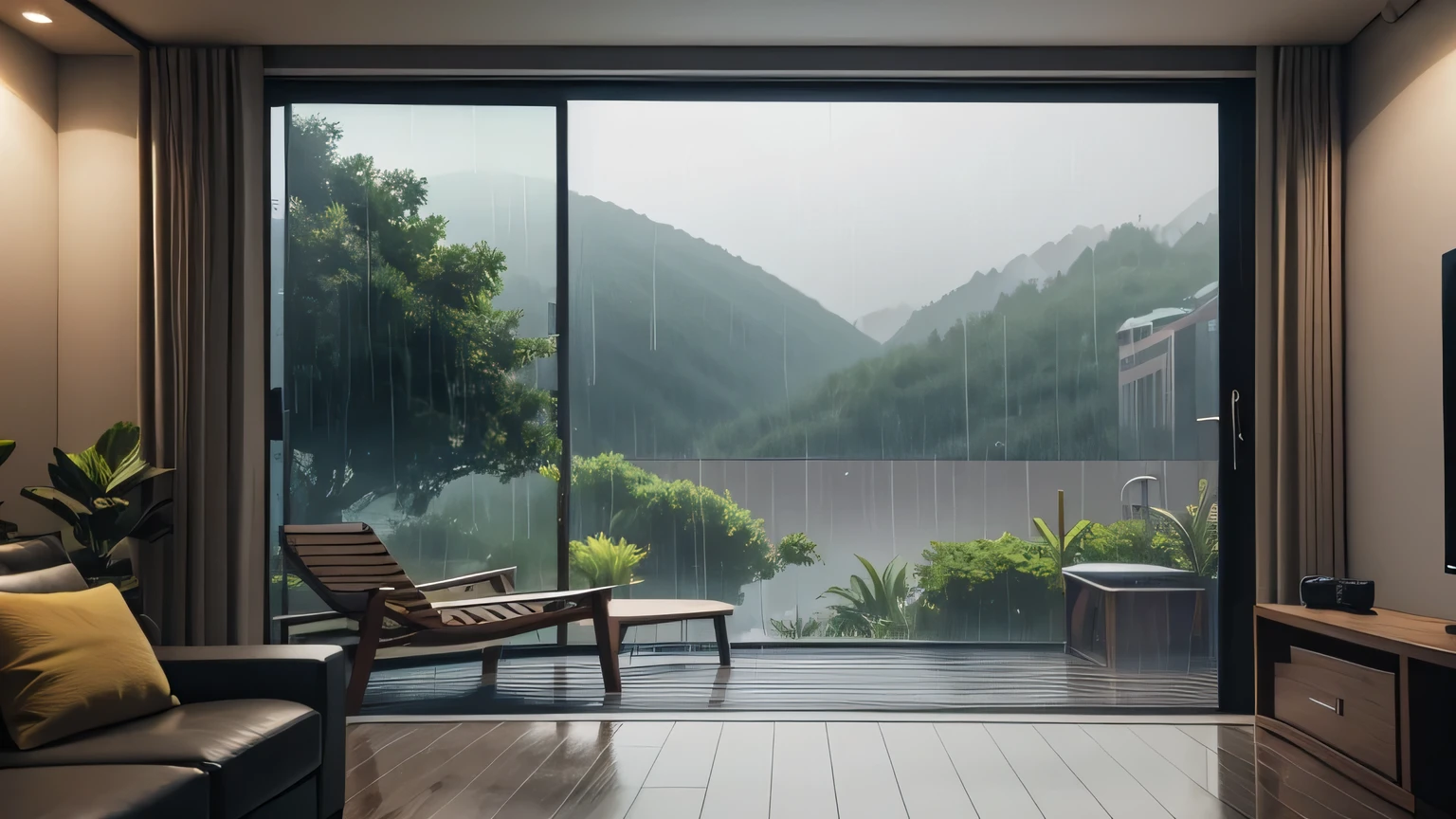 4K images,Photo style,Rain view from indoor living room window,graphic,high quality,Landscape Rain Rainy Day