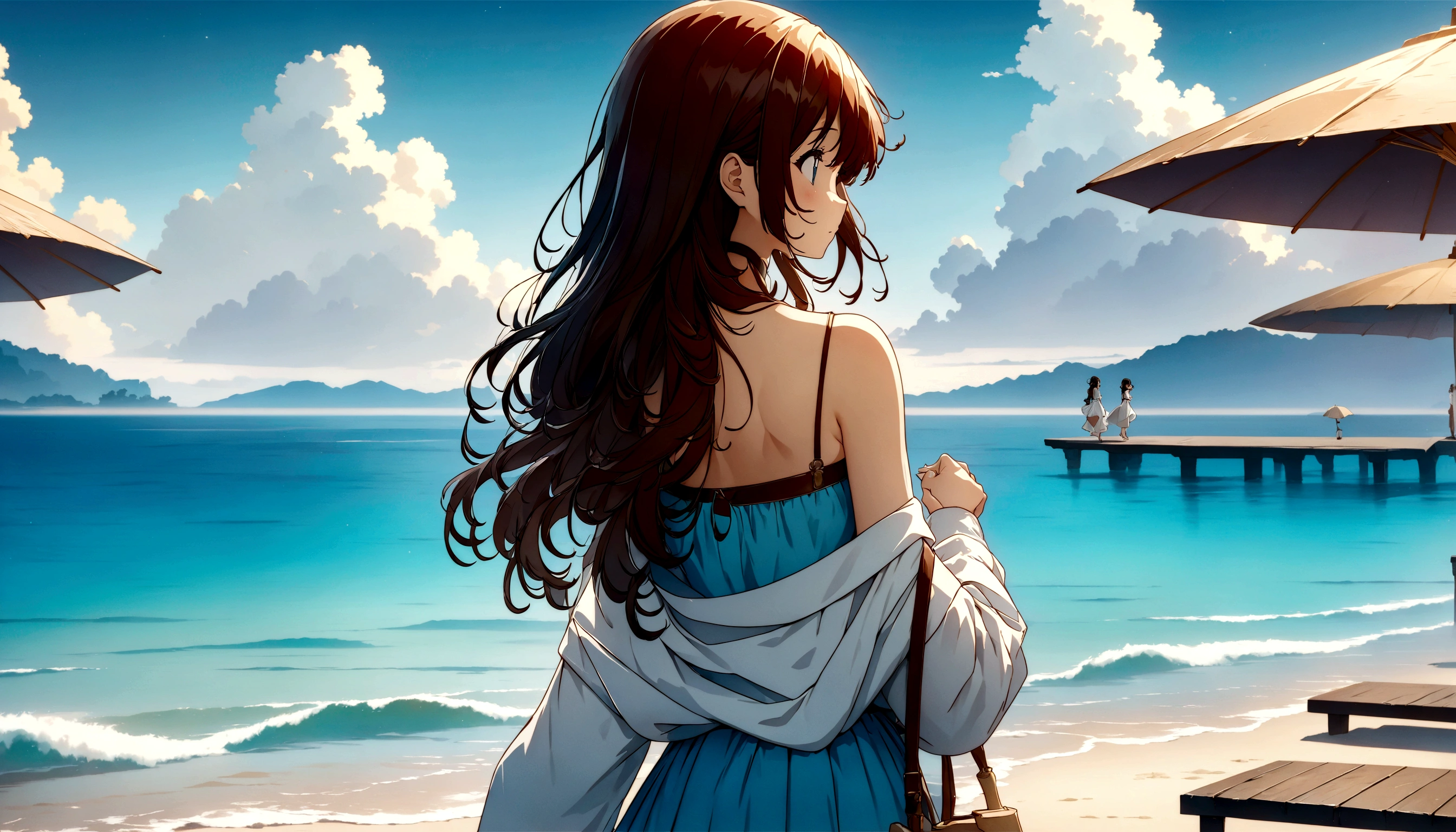 Long haired anime girl walking on the beach with an umbrella, Smooth anime CG art, Digital anime illustration, Anime Style 4 k, Anime Style. 8K, Trending on cgstation, Cute girl anime visuals, high quality Anime art style, Digital anime art, detailed Digital anime art, Anime art style, Anime Wallpaper, Cute art style, 美しいAnime art style,The scene is set in a dreamy, soft blue ambiance with bokeh lights, giving a sense of tranquility and immersion in the music. The character has soft, flowing hair and is depicted in a gentle, serene posture, enhancing the peaceful atmosphere of the image.