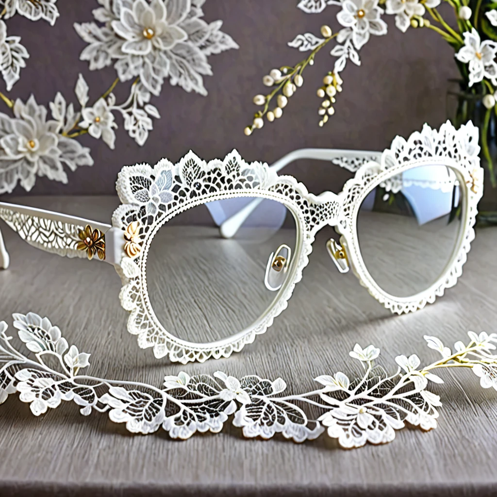 White laceで出来た眼镜, Beautiful lace glasses, Lace glasses for room decoration, indoor, White lace, Very delicate lace, best quality:1.2, 4K, 8K, Very detailed, High Detail, masterpiece:1.2