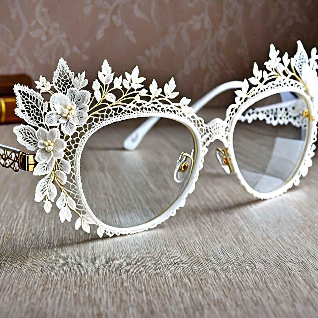 White laceで出来た眼镜, Beautiful lace glasses, Lace glasses for room decoration, indoor, White lace, Very delicate lace, best quality:1.2, 4K, 8K, Very detailed, High Detail, masterpiece:1.2