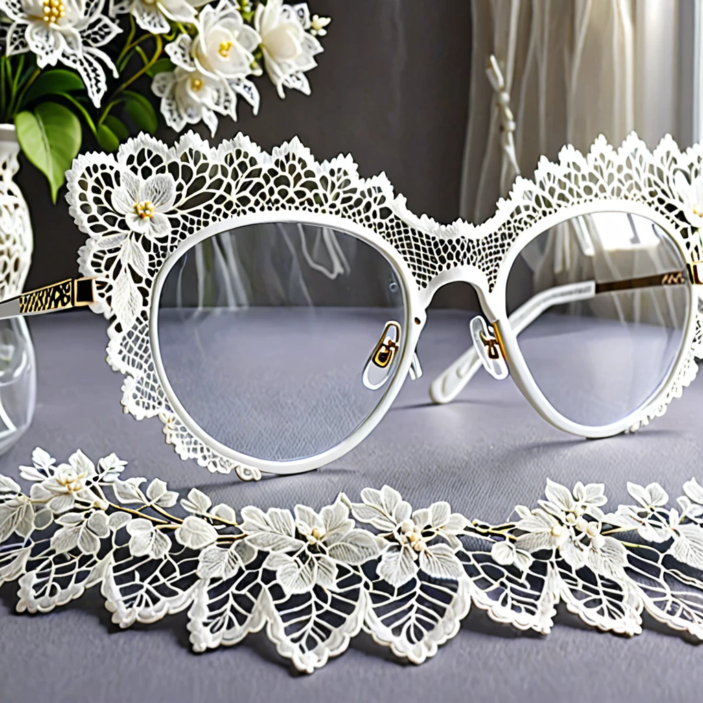 White laceで出来た眼镜, Beautiful lace glasses, Lace glasses for room decoration, indoor, White lace, Very delicate lace, best quality:1.2, 4K, 8K, Very detailed, High Detail, masterpiece:1.2