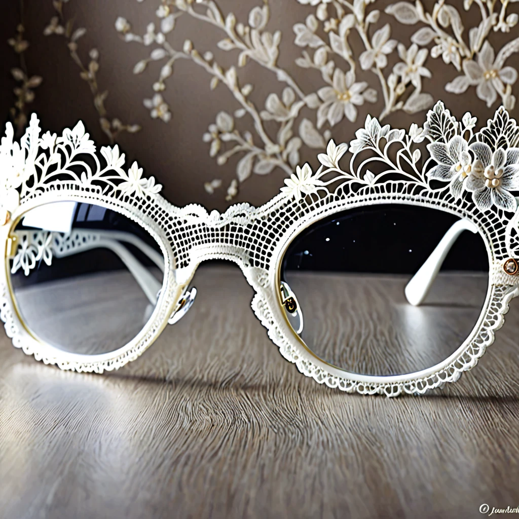 White laceで出来た眼镜, Beautiful lace glasses, Lace glasses for room decoration, indoor, White lace, Very delicate lace, best quality:1.2, 4K, 8K, Very detailed, High Detail, masterpiece:1.2