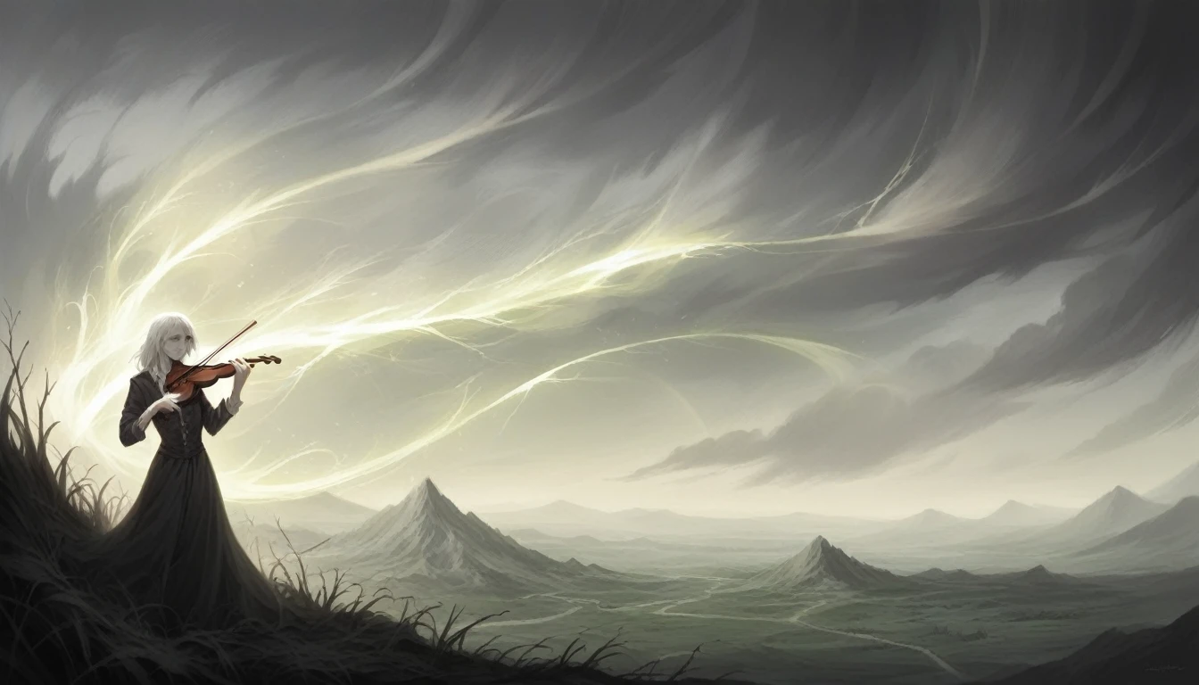 a beautifully detailed girl with long white hair playing a violin,detailed intricate violin,epic battle field scenery,dark cloudy sky,dramatic lighting,highly detailed,photorealistic,dramatic cinematic lighting,muted color palette,moody atmosphere,fantasy landscape,glowing energy effects,volumetric lighting,dramatic cinematic composition