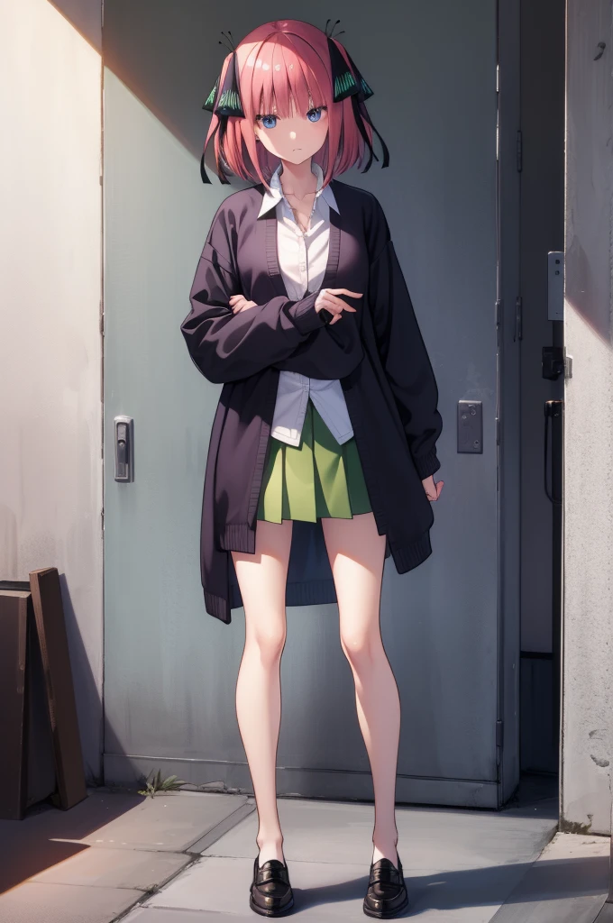 I was silent, Nakano Nino, short hair, bangs, blue eyes, hair ornaments, Hair Ribbon, Pink Hair, blunt bangs, Both sides up, butterfly hair ornaments,
break skirt, shirt, Long sleeve, white shirt, Pleated skirt, Open clothes, collared shirt, Sleeves are longer than the wrist, dress shirt, cardigan, Green Skirt, open cardigan, black cardigan,from the front,Standing with your legs apart,classroom, School,
break looking at viewer, break (masterpiece:1.2), Highest quality, High resolution, unity 8k wallpaper, (figure:0.8), (Beautiful attention to detail:1.6), Highly detailed face, Perfect lighting, Highly detailed CG, (Perfect hands, Perfect Anatomy),