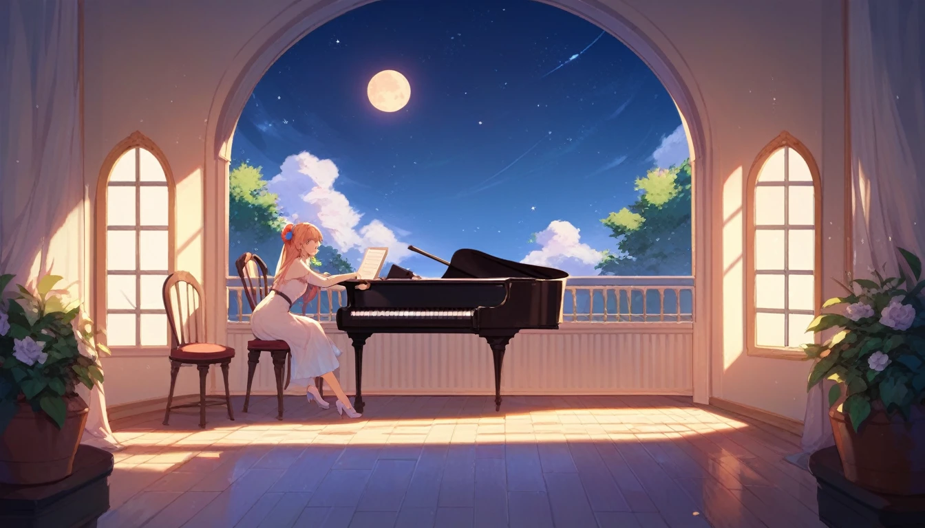 A woman playing the piano. We are in a cafe in a relaxing space. The scenery seen from the window is at night. Stars and the moon are shining.