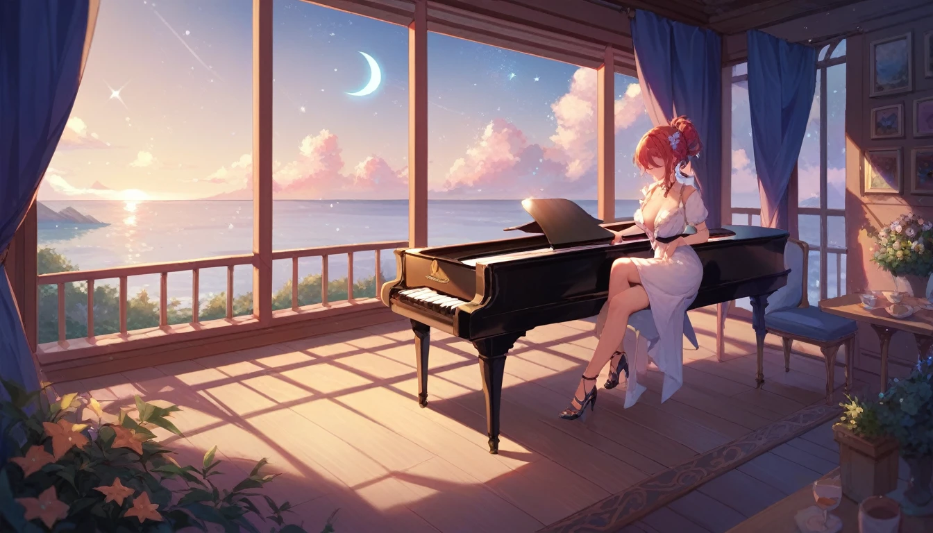 A woman playing the piano. We are in a cafe in a relaxing space. The scenery seen from the window is at night. Stars and the moon are shining.

