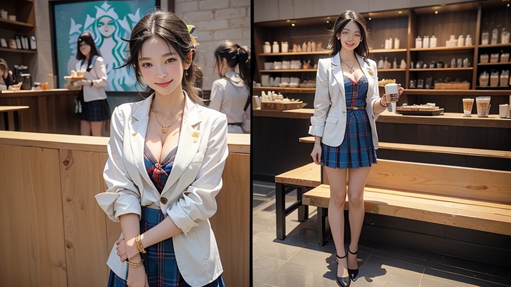 8K、RAW Photos、Highest quality、Super detailed、Super Resolution、Ultra HD、8K壁紙、Amazing details blazer uniform girl ((White blouse with formal collar, Blue Blazer, 
Red Check Skirt, Red checkered ribbon on blouse)), Complete limbs, Full Finger, 
(((((Starbucks)))))、((((Cafe bench with sea view))))((16 year old female student))、(((((Eat cake、Drink coffee、smile)))))、(((Heart Necklace、Gold bracelet)))
(((Emphasize cleavage)))

((((Full body photo、The whole body is visible、Full body portrait))))
