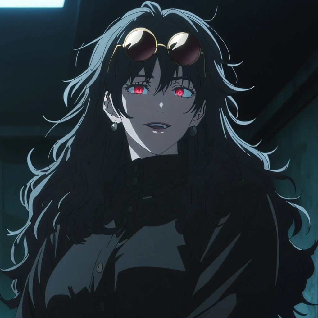 1girl, female gojo satoru, anime screencap from jujutsu kaisen, gojo satoru female version, solo, long_hair, ((Red eyes)) ((Black_hair)), night view, (hanging breasts) upper_body, smile, indoors, book, blue_eyes, lips, open mouth, (messy hair) ((wearing black colour outfit with button)) breast, "very detailed and high resolution" (Red universal eyes) (cross arms)  ((wavy hair and messy hair)) ((solo)) (front view) (earings) ((high resolution)) ((good quality)) ((long hair)) ((Black hair)) ((wearing round sunglasses on the head))