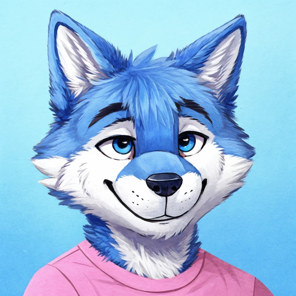 headshot of a cute and anthropomorphic blue colored fur, cute wolf, closed smile, he has a t-shirt, headshot, high quality furry art, cute background.