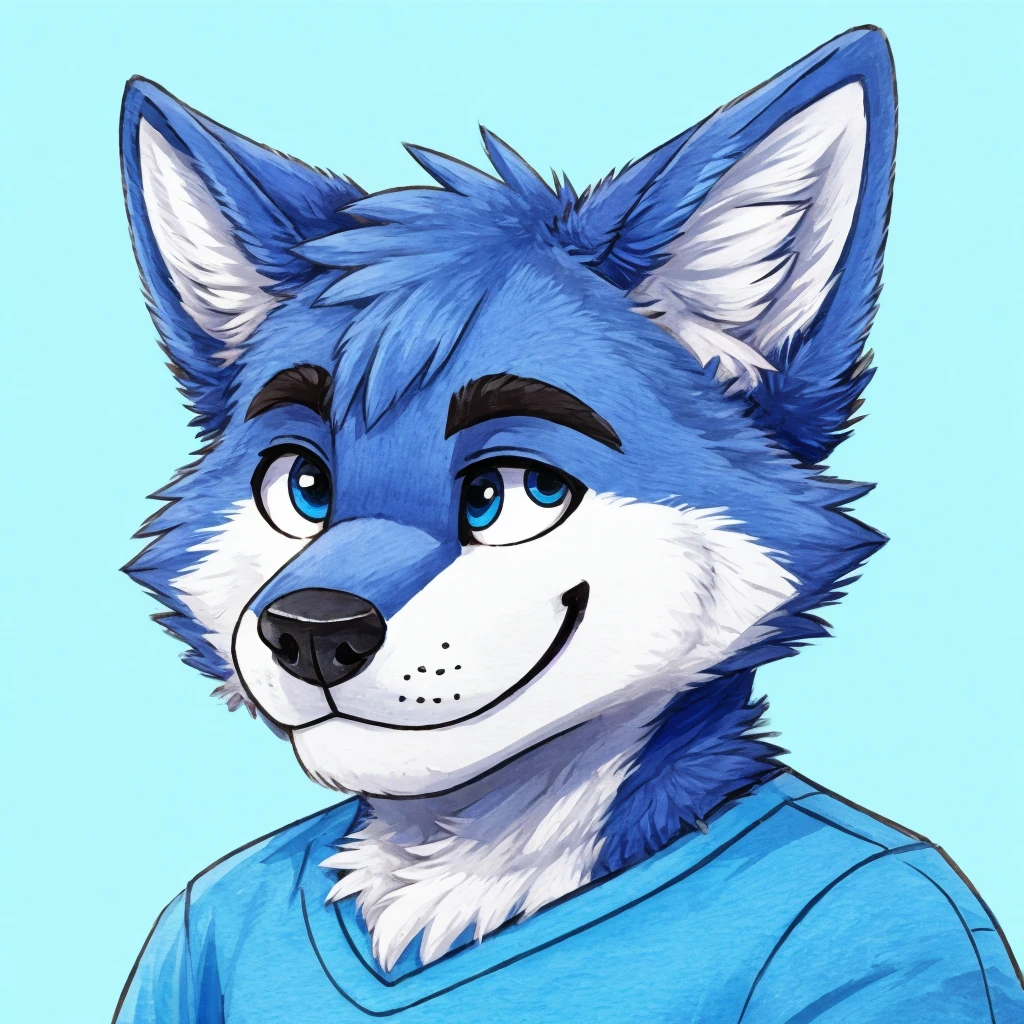 headshot of a cute and anthropomorphic blue colored fur, cute wolf, closed smile, he has a t-shirt, headshot, high quality furry art, cute background.