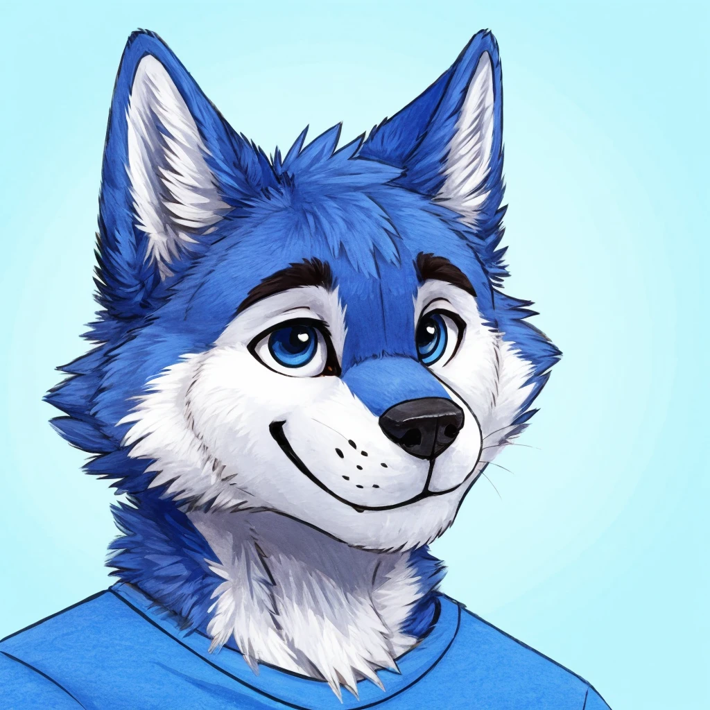 headshot of a cute and anthropomorphic blue colored fur, cute wolf, closed smile, he has a t-shirt, headshot, high quality furry art, cute background.