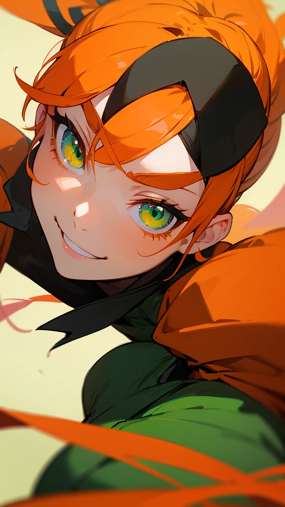 1 Girl、Anime-style paintings、Ninja、Orange clothes、Orange Hair、ponytail、Beautiful green eyes、Wicked Smile、Upper body close-up