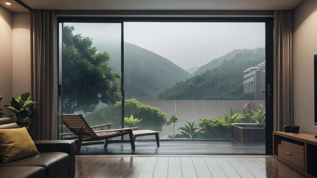 4K images,Photo style,Rain view from indoor living room window,graphic,high quality,Landscape Rain Rainy Day