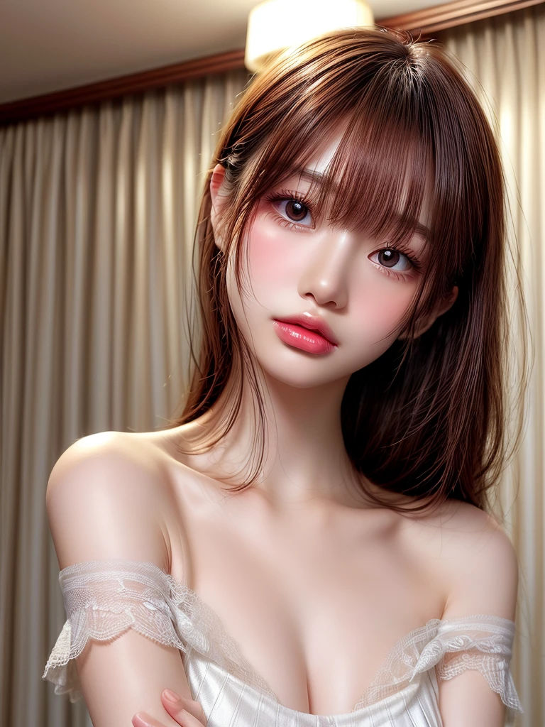 Hotel Background、(((Professional Lighting 1.5)))、Translucent skin texture、Beautiful Skin、(((Whitening 1.5)))、、Off the shoulder、White Dress、See-through、、