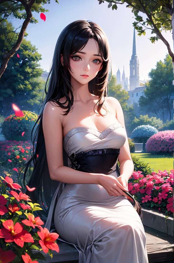 (Girl: 1.5), race, ribbon, Hanfu, (masterpiece, Side light, delicate and beautiful gray eyes: 1.2), masterpiece, Realistic, Glowing Eyes, Shiny Hair, Black Hair, Long Hair, Shiny skin, alone, awkward, Strapless, delicate, beautiful, garden, Flowers, Fluttering petals,