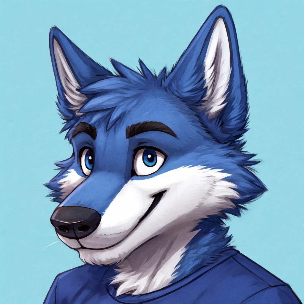 headshot of a cute and anthropomorphic blue colored fur, cute wolf, closed smile, he has a t-shirt, headshot, high quality furry art, cute background.