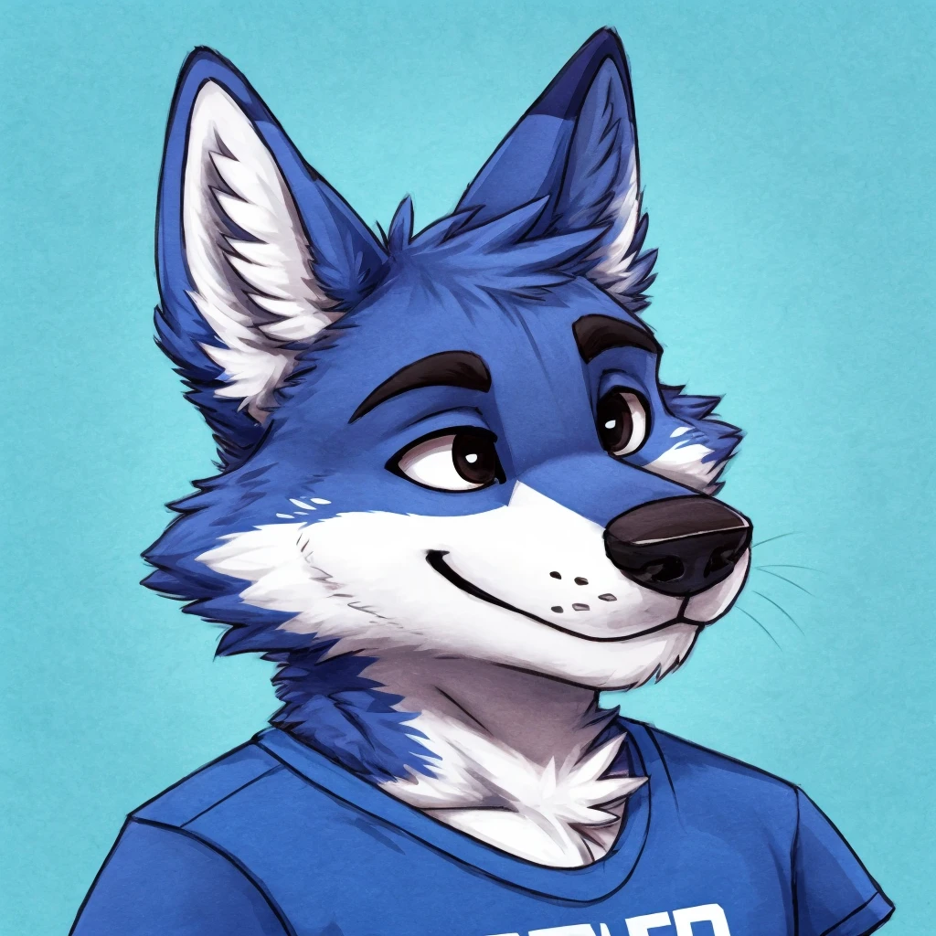 headshot of a cute and anthropomorphic blue colored fur, cute wolf, closed smile, he has a t-shirt, headshot, high quality furry art, cute background.