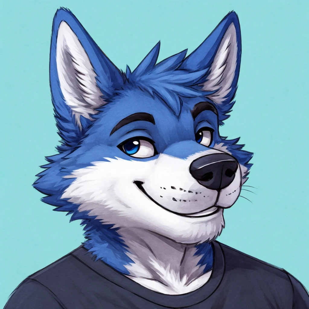 headshot of a cute and anthropomorphic blue colored fur, cute wolf, closed smile, he has a t-shirt, headshot, high quality furry art, cute background.