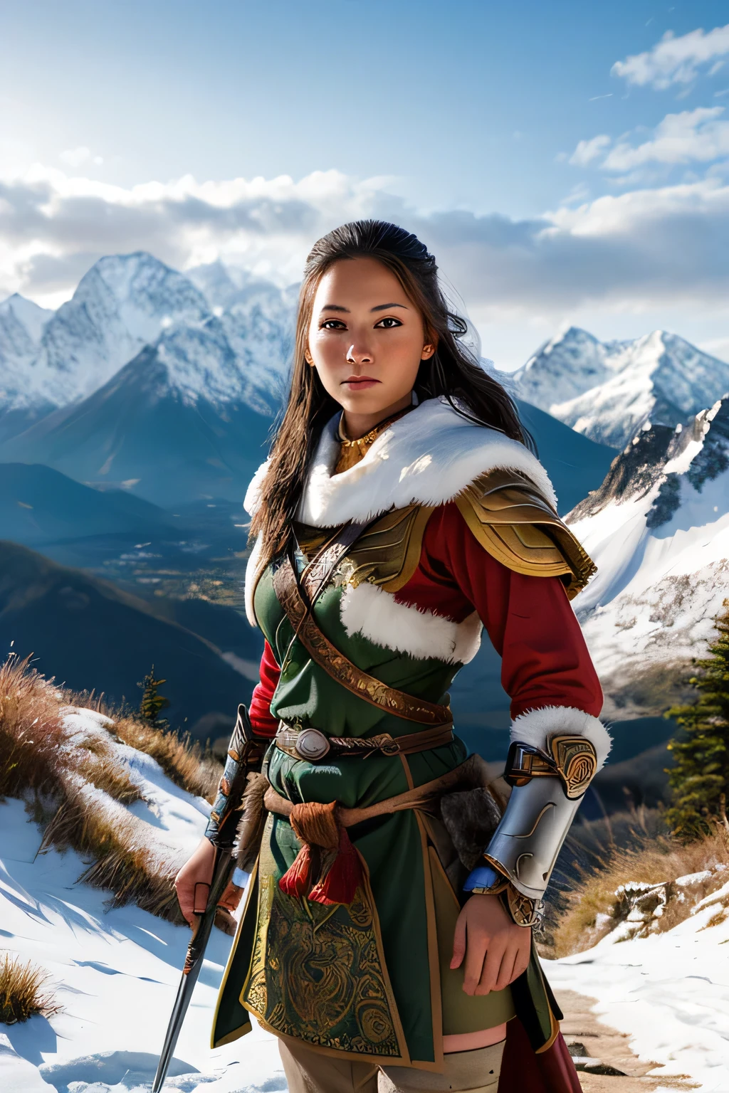 female warrior, looking at the viewer, (realistic face),posed on a mountain path, snow-capped mountains in the background, fantasy, half body,