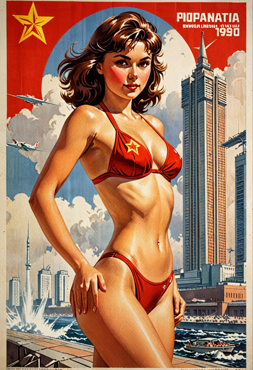 Soviet girl on propaganda poster. Showing cutting-edge 1990-s bikini. Brown hair. Firm tits and ass.
