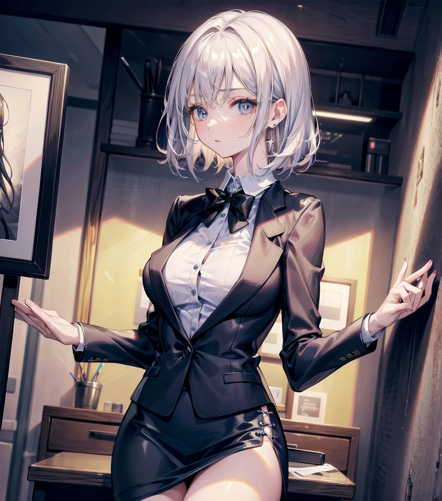 absurdres, RAW photo, extremely delicate and beautiful, masterpiece, Best Quality, ultra high resolution, 32k, hyperrealistic, ultra-detailed, ((perfect anatomy)), super Detailed skin, perfect figure, Very detailed CG 8k wallpaper, in her 20s, very Slim body, narrow waist, very small head, very small face, delicate facial features, tearful mole, earring, thin legs, huge round breasts, whole body shot, shorter middle hair, wavy hair, office lady suit, blouse, blazer, skirt, ((in office)),