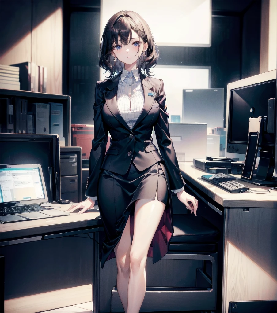 absurdres, RAW photo, extremely delicate and beautiful, masterpiece, Best Quality, ultra high resolution, 32k, hyperrealistic, ultra-detailed, ((perfect anatomy)), super Detailed skin, perfect figure, Very detailed CG 8k wallpaper, in her 20s, very Slim body, narrow waist, very small head, very small face, delicate facial features, tearful mole, earring, thin legs, huge round breasts, whole body shot, shorter middle hair, wavy hair, office lady suit, blouse, blazer, skirt, ((in office)),