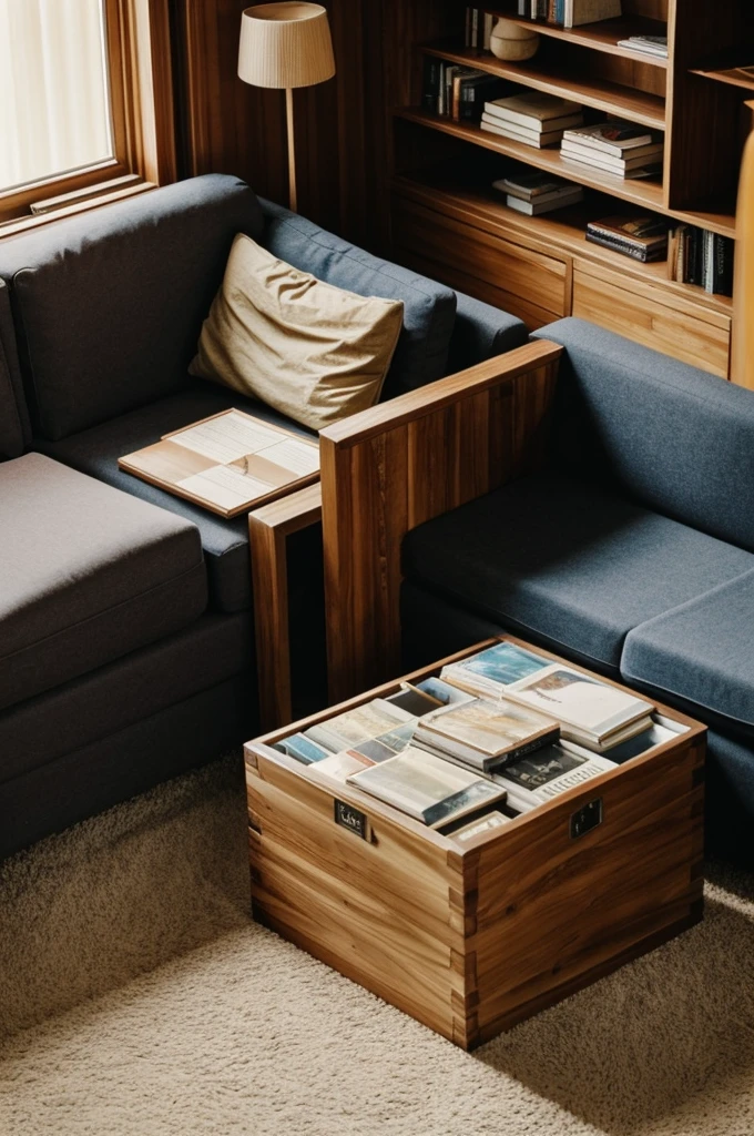 There is a wooden box on the sofa,There are books scattered inside。There are a few pieces of paper piled under the wooden box.