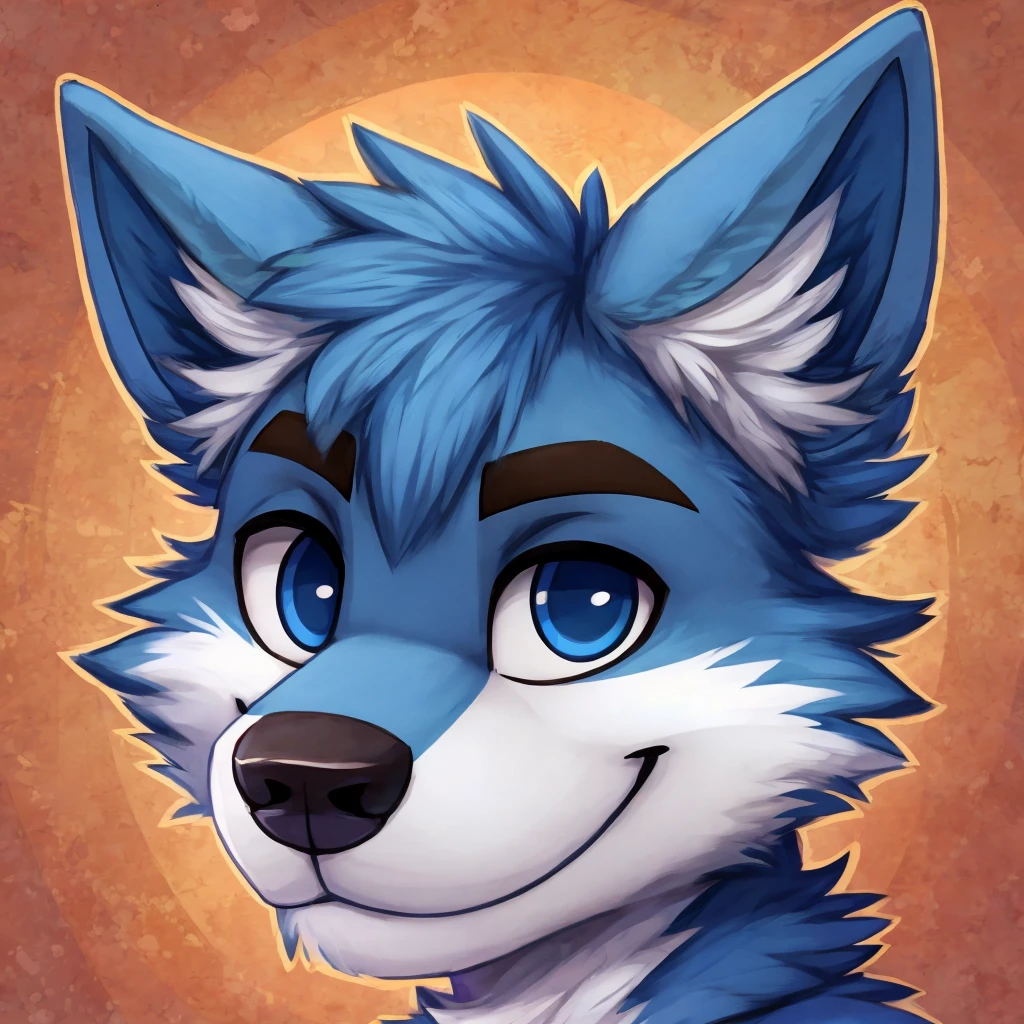 headshot of a cute and anthropomorphic blue colored fur wolf, closed smile, headshot, high quality furry art, cute background.