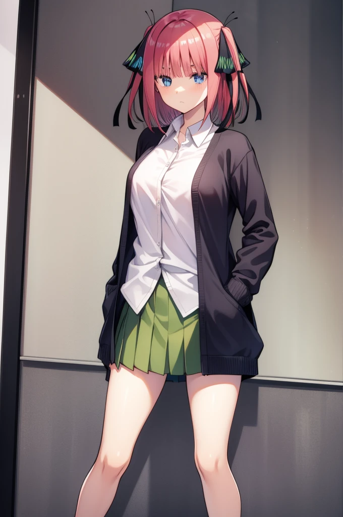 I was silent, Nakano Nino, short hair, bangs, blue eyes, hair ornaments, Hair Ribbon, Pink Hair, blunt bangs, Both sides up, butterfly hair ornaments,
Breaking skirt, shirt, Long sleeve, white shirt, Pleated skirt, Open clothes, collared shirt, Sleeves are longer than the wrist, dress shirt, cardigan, Green Skirt, open cardigan, black cardigan,from the front,Standing with your legs apart,classroom,School,
masterpiece,Highest quality, High resolution