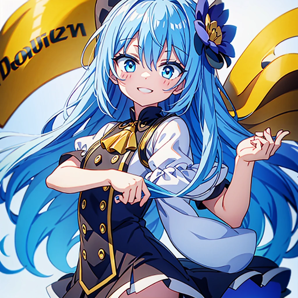 One girl、Absurd、The notes are arranged in a circle、Dynamic configuration、marching band、(((masterpiece、Highest quality、Official Art、Very detailed、The best smile、Handsome face、Dynamic configuration)))、Anime Style、(Milky white and blue hair:1.3),(blue eyes:1.4),(Bright colors:1.4), marching bandのユニフォーム, marching bandの帽子、mini skirt, Frills, Two hands holding a black and white gold embroidered flag,(background:Large red flag and gold flower embroidery on the back, Note, )、Giant Flag、旗をbackgroundにかっこいい構図、marching band、marching bandユニフォーム、