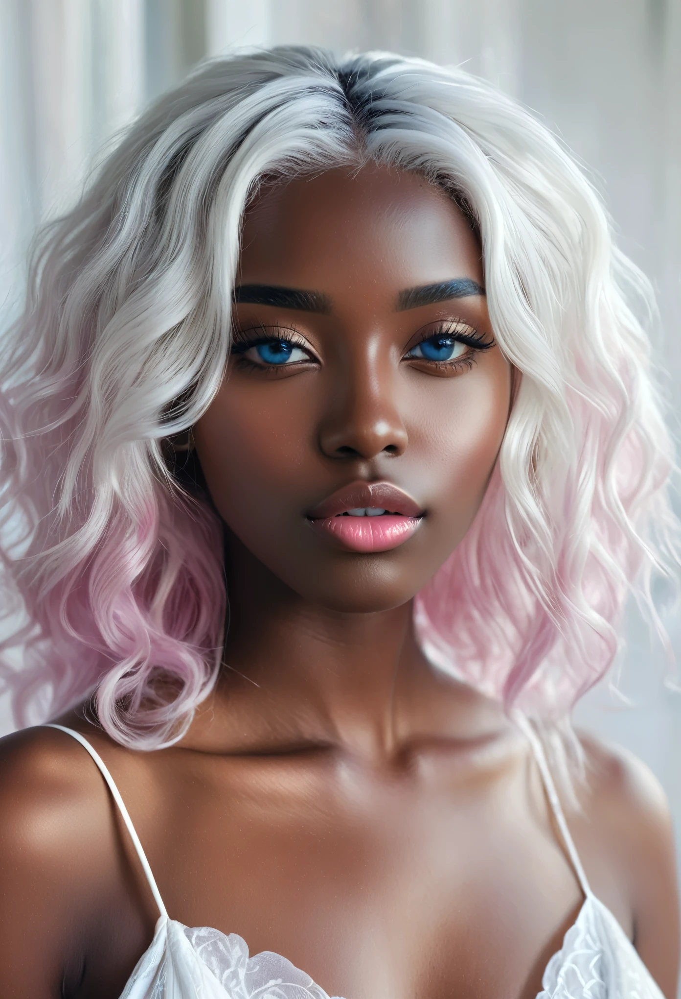 comely (((darkskin:1.2))) androgen:1.3, ((darkskin:1.2)), (((White hair))), ethereal darkskin beauty,blue piercing eyes,long flowing White hair,darkskin complexion,soft pink lips,sensual behavior,seducing gaze,graceful pose,subtle makeup,pure white dress,Delicate features,striking contrast with the environment,soft natural light,subtle shadows,ethereal atmosphere,swirly vibrant colors,dream scenario,romantic atmosphere,artistic portrait,highly detailed rendering,Photorealistic quality. 