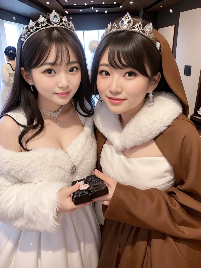 fluffyの毛皮。fluffy。(Archaic Queen of Kazakhstan)(smile)(((Pair of women、snow、Dark Room)))。Wedding dressを着た女性たちの写真。Wedding dress、Brown fur cape。Fisheye Lenultiple women。