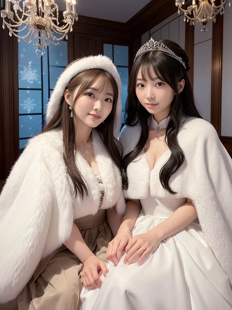 fluffyの毛皮。fluffy。(Archaic Queen of Kazakhstan)(smile)(((Pair of women、snow、Dark Room)))。Wedding dressを着た女性たちの写真。Wedding dress、Brown fur cape。Fisheye Lenultiple women。
