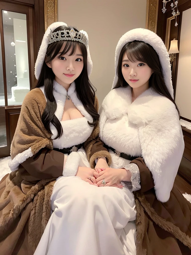 fluffyの毛皮。fluffy。(Archaic Queen of Kazakhstan)(smile)(((Pair of women、snow、Dark Room)))。Wedding dressを着た女性たちの写真。Wedding dress、Brown fur cape。Fisheye Lenultiple women。