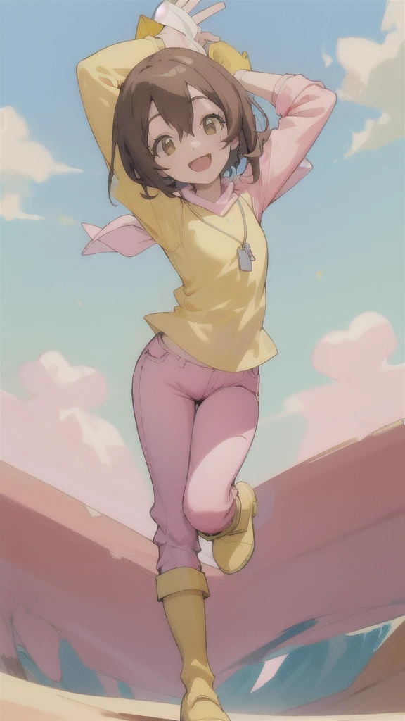 Top quality, masterpiece, high resolution, details, Top quality, masterpiece, high resolution, details, perfect anat○my, (cute girl), smiling, arms behind her back, HikariDigi, open mouth, yellow sleveless shirt, pink pants, rubber boots, shoes, sky, solo,