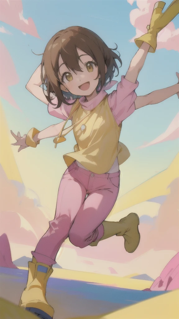 Top quality, masterpiece, high resolution, details, Top quality, masterpiece, high resolution, details, perfect anat○my, (cute girl), smiling, arms behind her back, HikariDigi, open mouth, yellow sleveless shirt, pink pants, rubber boots, shoes, sky, solo,