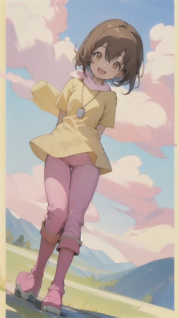 Top quality, masterpiece, high resolution, details, Top quality, masterpiece, high resolution, details, perfect anat○my, (cute girl), smiling, arms behind her back, HikariDigi, open mouth, yellow sleveless shirt, pink pants, rubber boots, shoes, sky, solo,