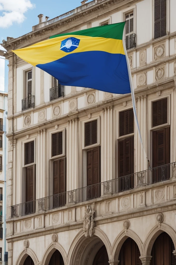 A single flag flying that contains Brazil, spain, Italy and Germany 