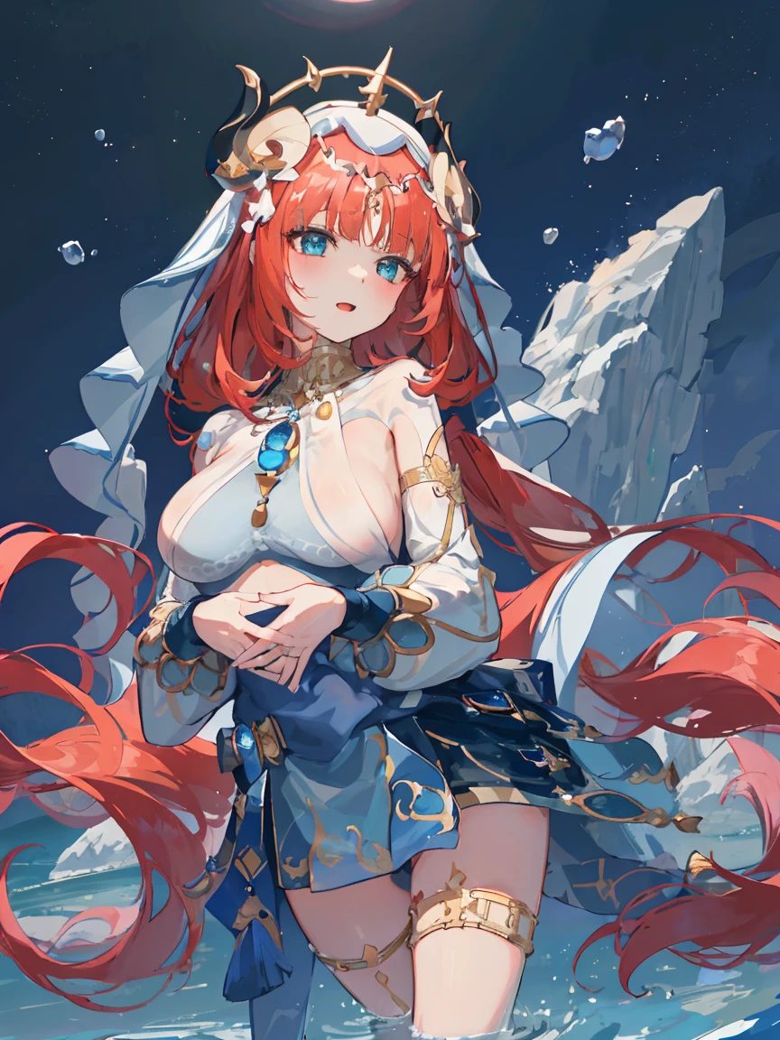 (masterpiece, best quality), Ultra-high resolution, (Top quality photorealistic illustrations), (Ultra-clear), (Lovely illustration:1.3), (High Saturation:1.3), Beautiful face and eyes, Very detailed background, Dynamic Lighting, rest (Extremely delicate and beautiful), (Beautiful hands, Perfect hands:1.4), (Proper posture), (Appropriate configuration), Ideal body proportions, rest Highly detailed illustration, super-Lovely and beautiful, best quality,slim,,baby face,Lovely,Kawaii,((big eyes)),中等breast, Flowing hair, rest Mud building (neither flower nor mist) (Genshin Impact), water色眼睛, Mud building (Genshin Impact), fake trumpet, 1 Girl, Solitary, Red hair, veil, Smile, moon, Long hair, Top of crop, Jewelry, trumpet, night, support, brooch, Long sleeve, puffy Long sleeve, Looking at the audience, skirt, Bangs, Double tail, water, Puff sleeves, Sky, 颈ring, open mouth, flower, Harem Costume, Gold trim, parted Bangs, hands up臂, breast, ring, outdoor, blue skirt, Hair accessories, Separate sleeves, low Double tail, Flowing hair, gem, hair flower, blue gemstone, hands up, dancer, White headdress, small breast, Stomach, diaphragm, Cowboy shooting, Blue bow, very Long hair