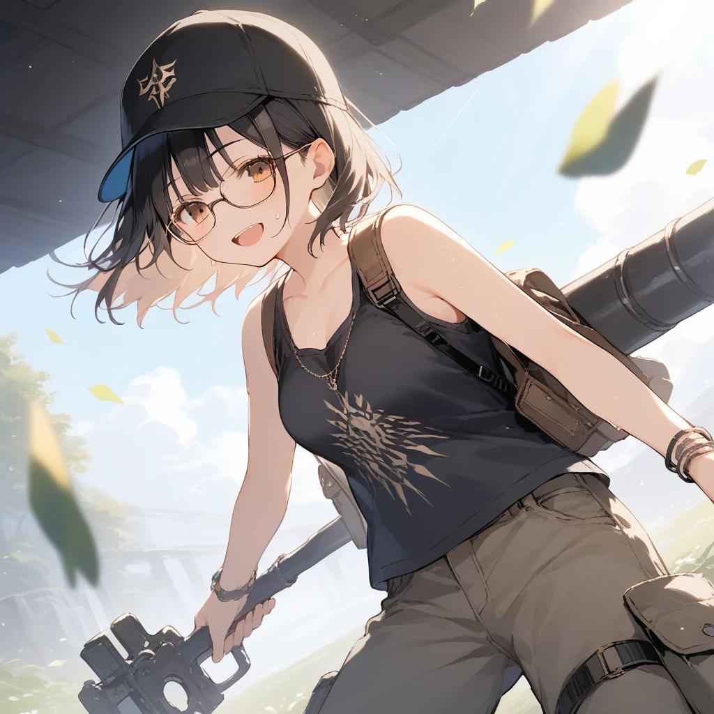 score_9, score_8_up, score_7_up, source_anime, best quality, masterpiece, official art, absurdres, highres, ultra-detailed,waifu2x,Collection: Slice of Life,break,1girl, fantasy world, short hair, glasses, medium breasts, cap, tank top, cargo pants, sweat, open mouth,smile, tool, outdoors, wind, break,(clear line illustration:1.2),very high resolution, very aesthetic, super detailed skin, Best sexual lighting powered by famous artist, 8k,cute picture,beauty illustration,photoshop_(medium),,(Detailed Lighting),best anime 8k konachan wallpaper, pixiv contest winner,