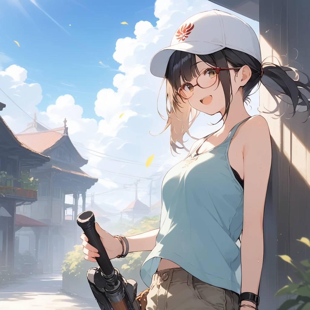 score_9, score_8_up, score_7_up, source_anime, best quality, masterpiece, official art, absurdres, highres, ultra-detailed,waifu2x,Collection: Slice of Life,break,1girl, fantasy world, short hair, glasses, medium breasts, cap, tank top, cargo pants, sweat, open mouth,smile, tool, outdoors, wind, break,(clear line illustration:1.2),very high resolution, very aesthetic, super detailed skin, Best sexual lighting powered by famous artist, 8k,cute picture,beauty illustration,photoshop_(medium),,(Detailed Lighting),best anime 8k konachan wallpaper, pixiv contest winner, 